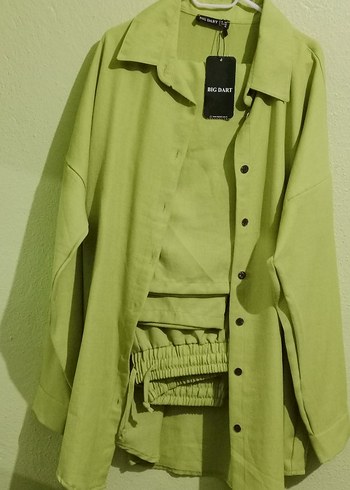 Yeşil Uzun Keten Kadın Gömlek ikili takım - Görsel 2