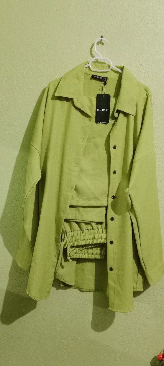 Yeşil Uzun Keten Kadın Gömlek ikili takım - Görsel 2