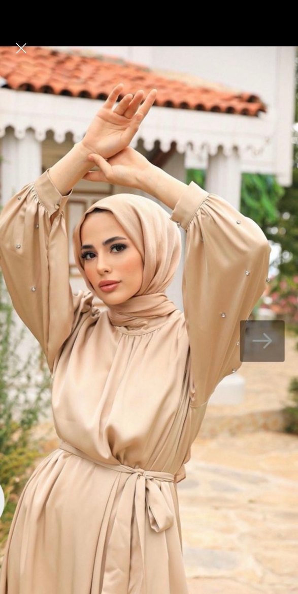 Bej Uzun Kollu Kuşaklı  taşlı Kadın Elbise - Görsel 3