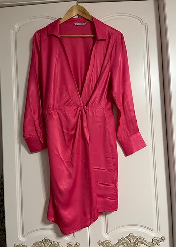 Uzun Kollu Drapeli Pembe Kadın Elbise - Görsel 2