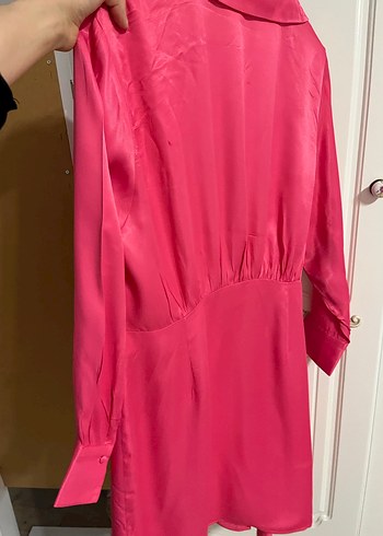 Uzun Kollu Drapeli Pembe Kadın Elbise - Görsel 4