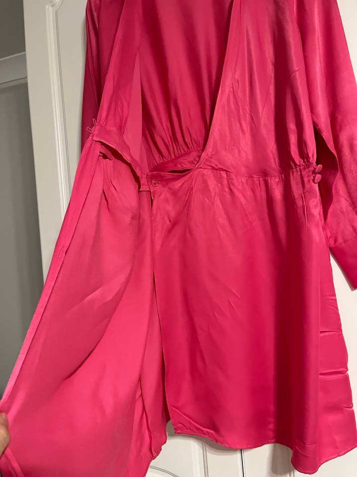 Uzun Kollu Drapeli Pembe Kadın Elbise - Görsel 3