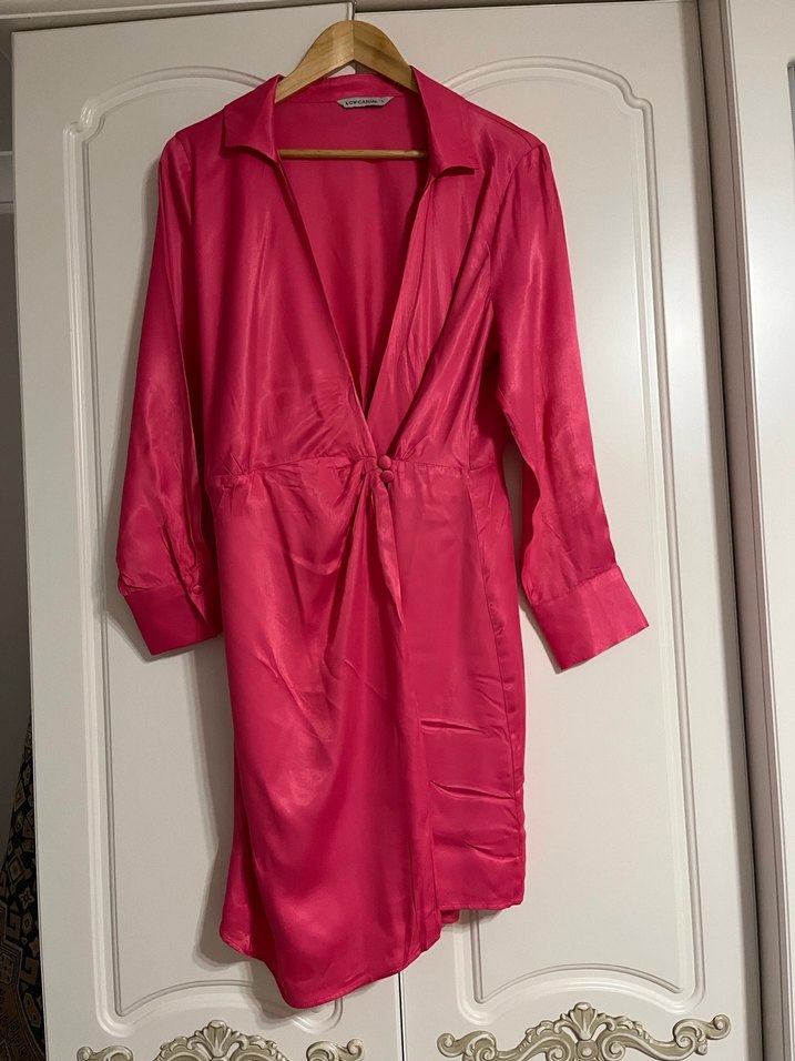 Uzun Kollu Drapeli Pembe Kadın Elbise - Görsel 2