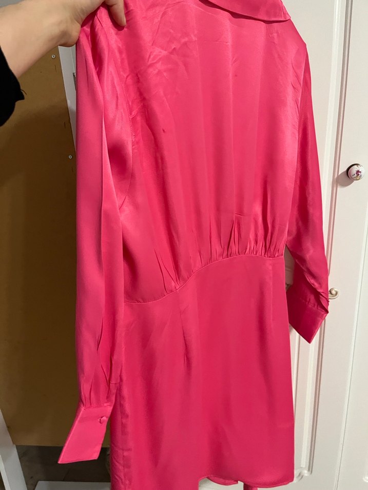 Uzun Kollu Drapeli Pembe Kadın Elbise - Görsel 4