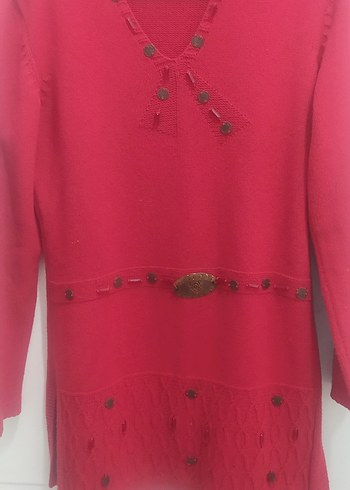 Kırmızı V Yakalı Örgü Kadın Kazak - Görsel 2