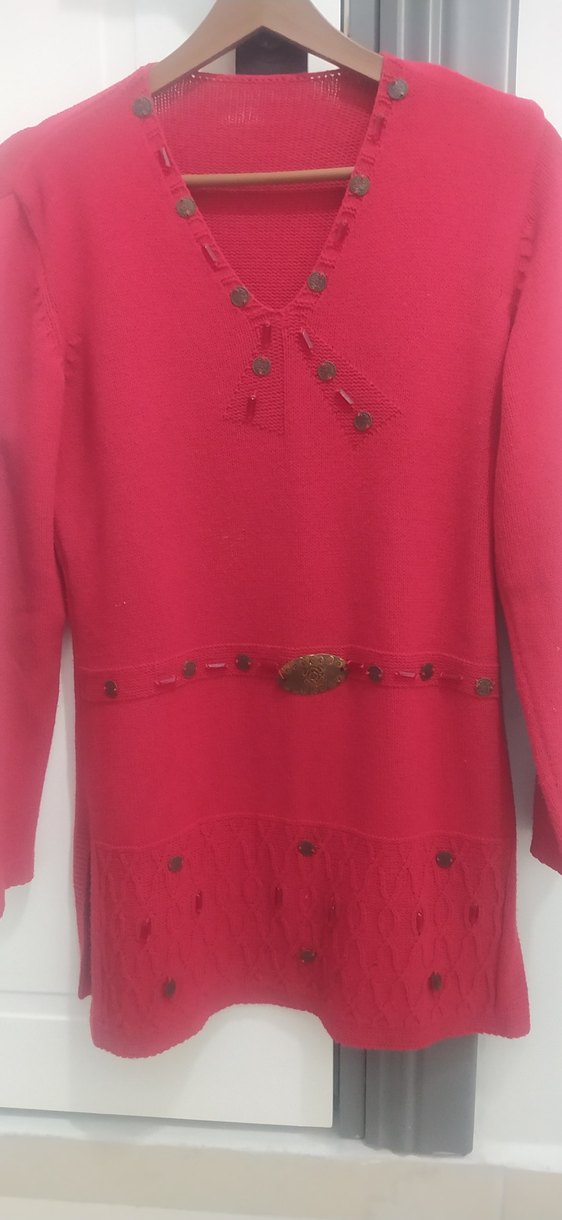 Kırmızı V Yakalı Örgü Kadın Kazak - Görsel 2