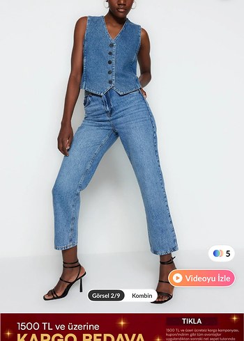 Mavi yüksek bel straight jean - Görsel 7