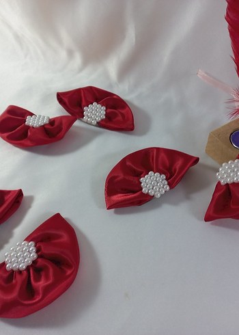 İnci Süslemeli Kırmızı Fiyonk Saç Tokası - Görsel 3