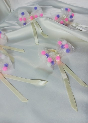 2 li.Nakışlı Pembe Mor Ponponlu Pastel Fiyonk Saç Bandı - Görsel 3
