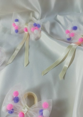 2 li.Nakışlı Pembe Mor Ponponlu Pastel Fiyonk Saç Bandı - Görsel 5