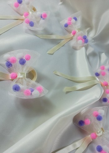 2 li.Nakışlı Pembe Mor Ponponlu Pastel Fiyonk Saç Bandı - Görsel 4