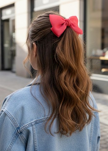 Pembe şifon Kumaşlı Fiyonk Saç Aksesuarı - Görsel 2