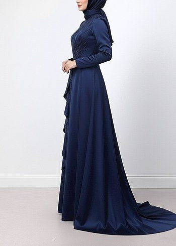 Lacivert Uzun Kollu Abiye Elbise - Görsel 3