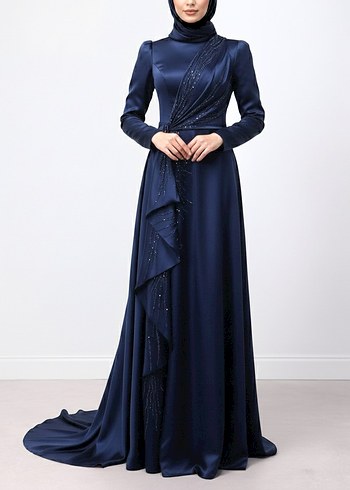 Lacivert Uzun Kollu Abiye Elbise - Görsel 2