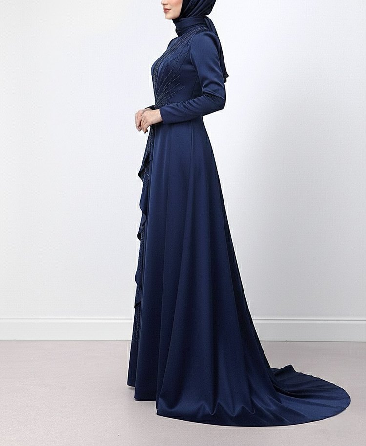 Lacivert Uzun Kollu Abiye Elbise - Görsel 3