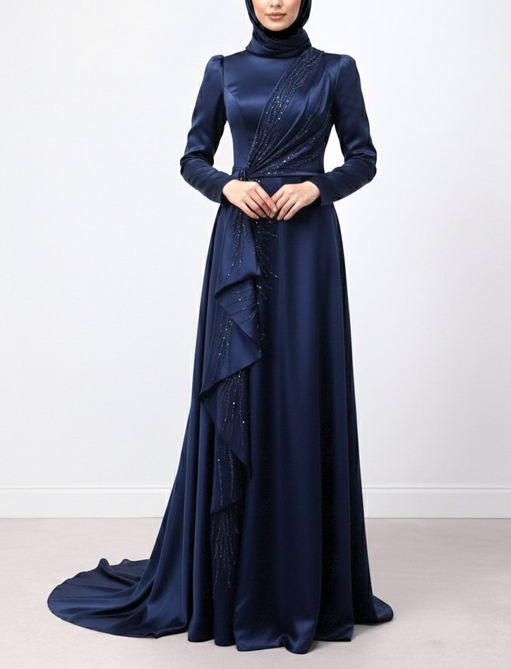 Lacivert Uzun Kollu Abiye Elbise - Görsel 2