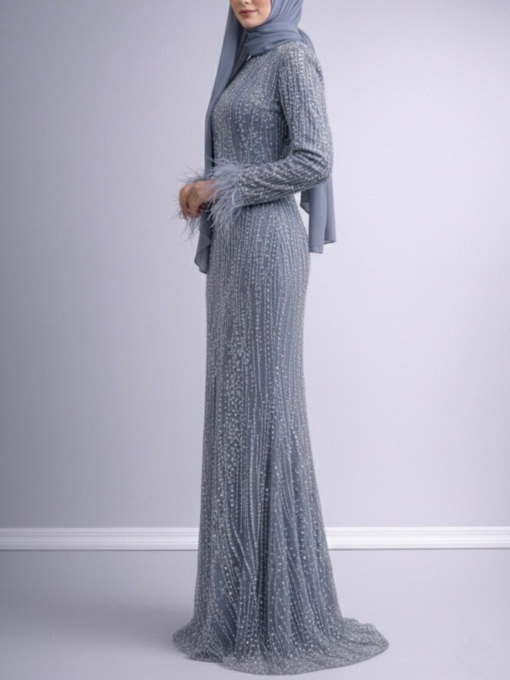 Gri Drapeli Uzun Abiye Elbise - Görsel 3