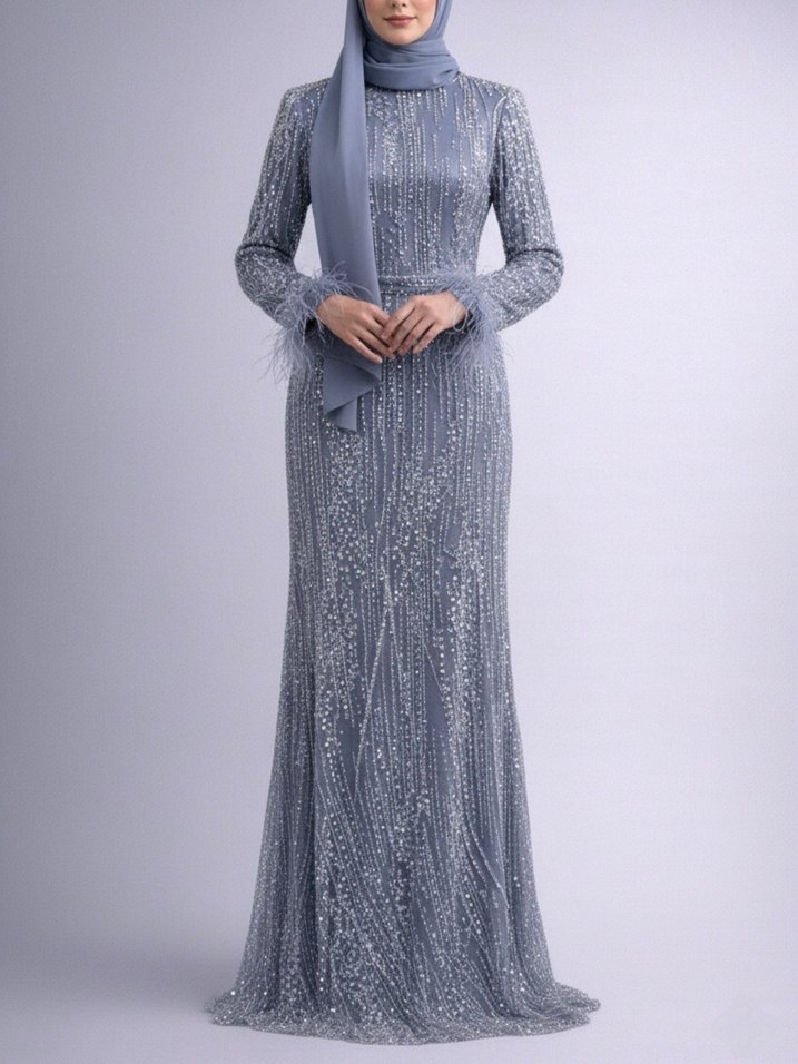 Gri Drapeli Uzun Abiye Elbise - Görsel 2