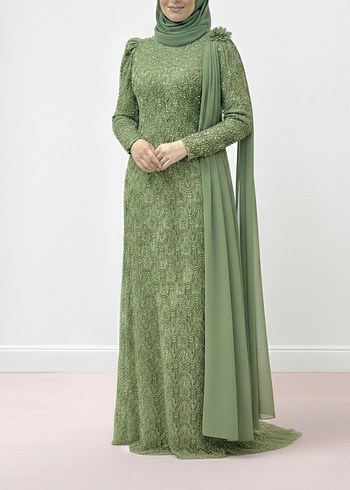 Kadın Haki Uzun Drapeli Abiye Elbise - Görsel 2