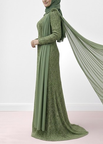 Kadın Haki Uzun Drapeli Abiye Elbise - Görsel 3