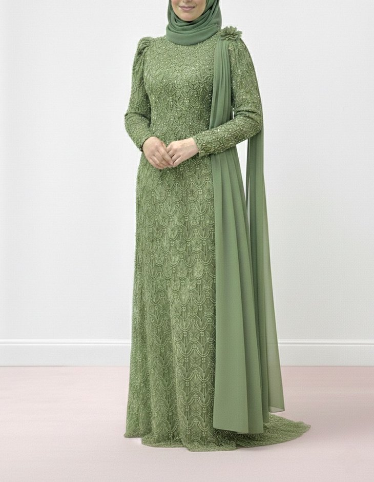 Kadın Haki Uzun Drapeli Abiye Elbise - Görsel 2