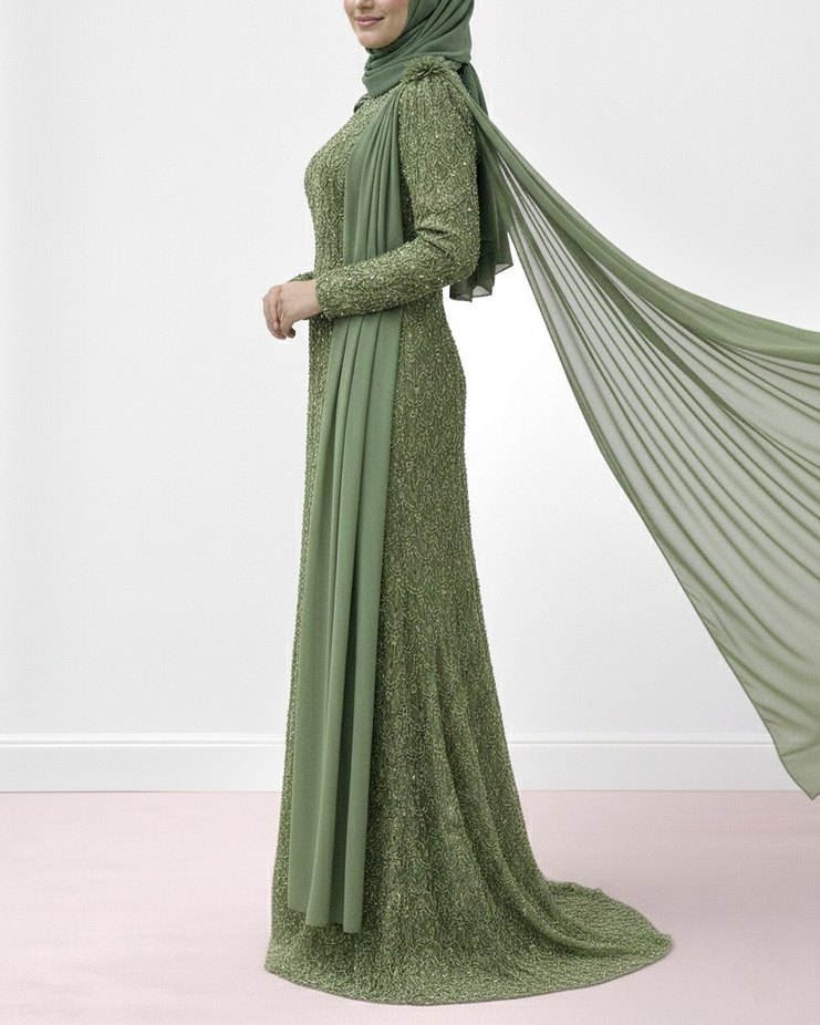 Kadın Haki Uzun Drapeli Abiye Elbise - Görsel 3