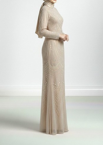 Boncuk İşlemeli Bej Uzun Abiye Elbise - Görsel 2