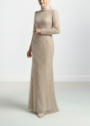 Boncuk İşlemeli Bej Uzun Abiye Elbise - Görsel 4