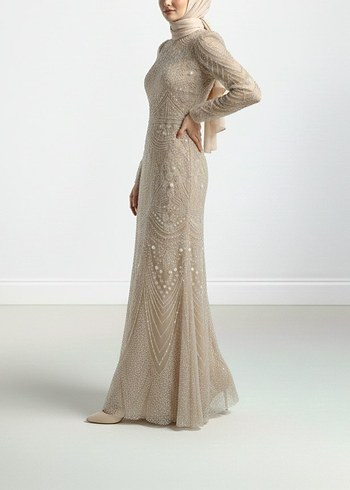 Boncuk İşlemeli Bej Uzun Abiye Elbise - Görsel 5