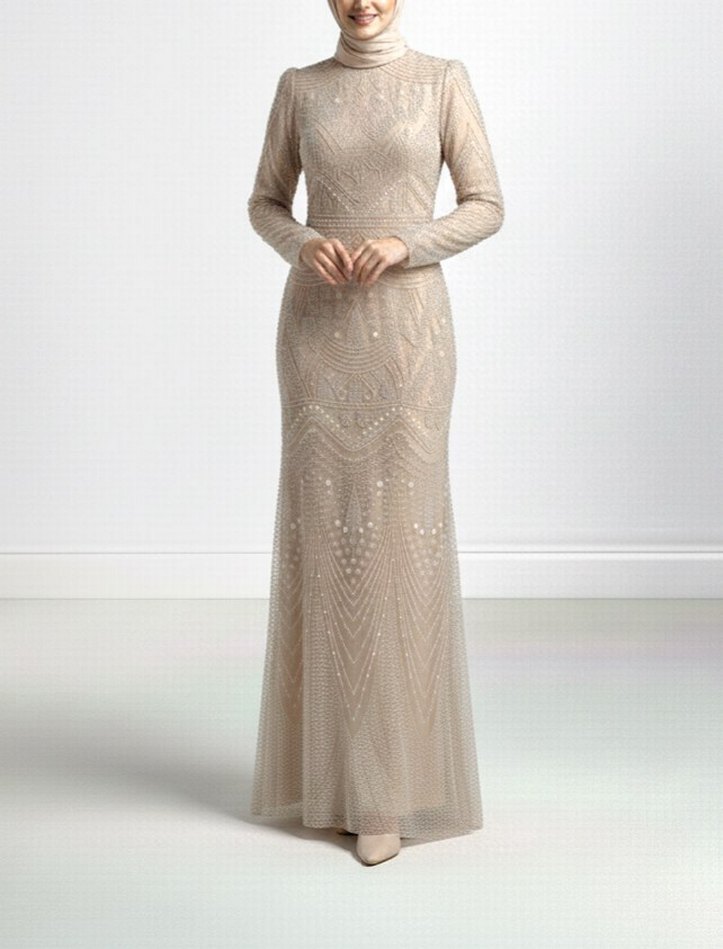 Boncuk İşlemeli Bej Uzun Abiye Elbise - Görsel 3