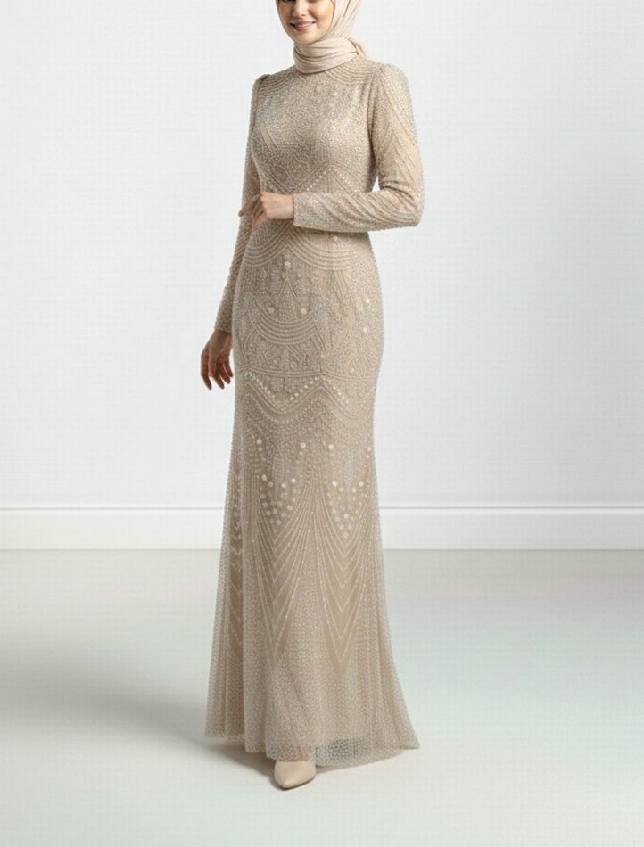 Boncuk İşlemeli Bej Uzun Abiye Elbise - Görsel 4