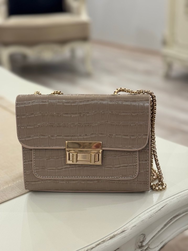 Bej Deri Yılan Desenli Zincir Askılı Çanta - Görsel 2