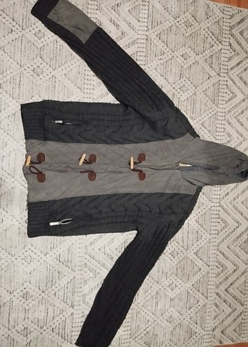 Gri Örgü Kapüşonlu Hırka - Görsel 3