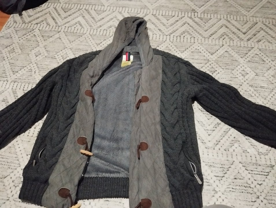 Gri Örgü Kapüşonlu Hırka - Görsel 2