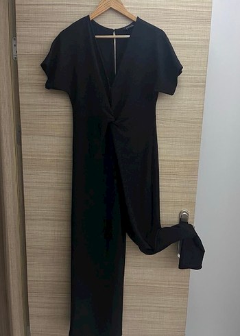 V Yaka Siyah Drapeli Uzun Elbise - Görsel 2