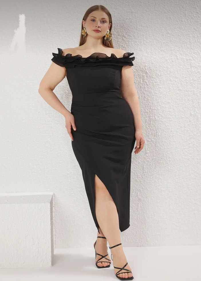 Siyah Deri Midi Straplez Elbise - Görsel 2