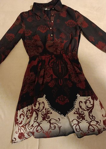 Desenli Bordo Uzun Kollu Midi Goth Elbise - Görsel 3