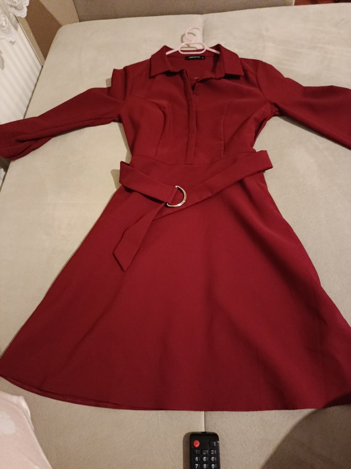 Bordo Kemerli Midi Elbise - Görsel 2