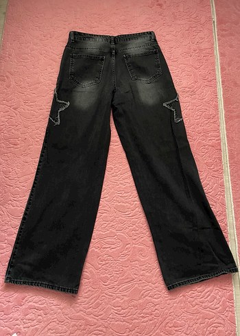 Siyah Nakışlı Bol Kesim Kadın Kot Pantolon - Görsel 3
