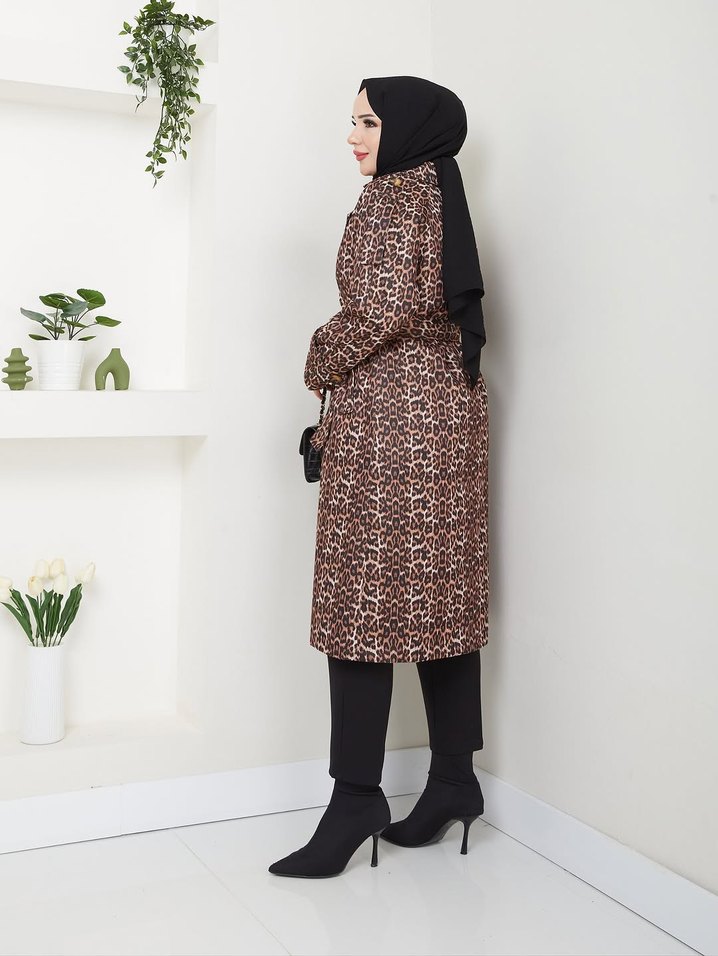 LEOPAR DESENLİ KUŞAKLI UZUN TRENÇKOT - Görsel 4
