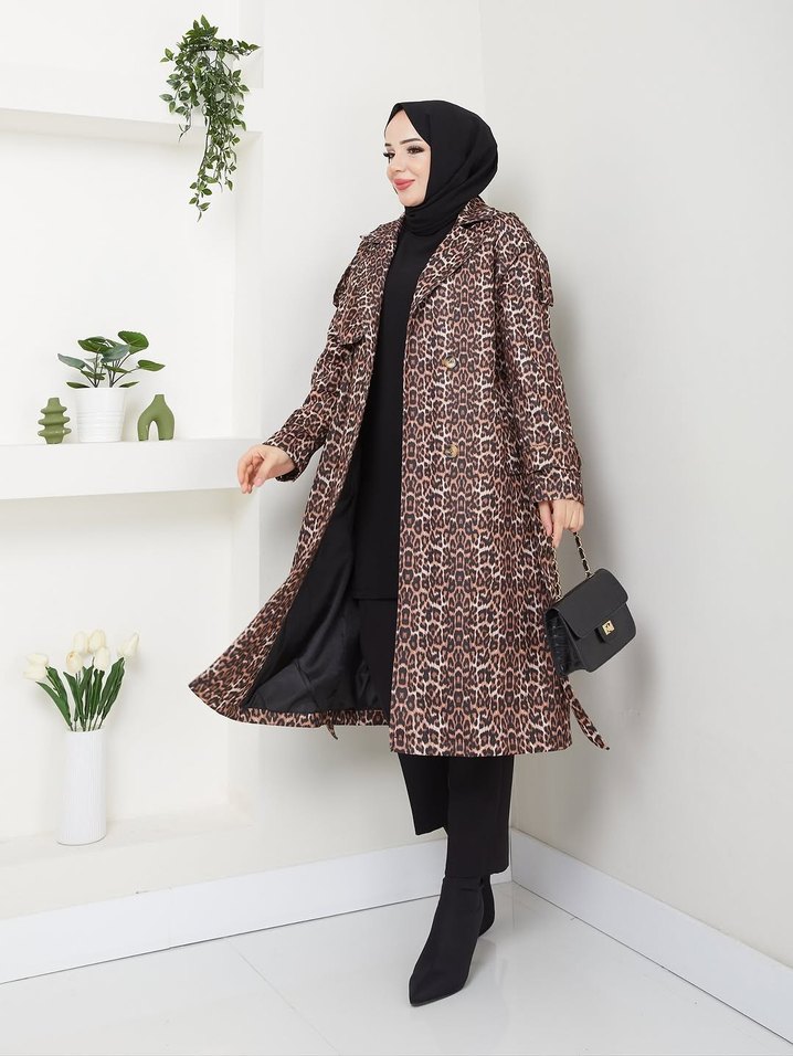 LEOPAR DESENLİ KUŞAKLI UZUN TRENÇKOT - Görsel 3