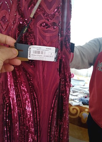 Bordo İşlemeli Uzun Abiye Elbise - Görsel 3