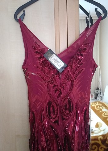 Bordo Drapeli Uzun Abiye Elbise - Görsel 2