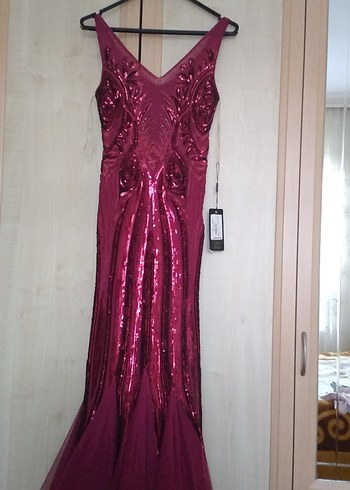 Bordo Drapeli Uzun Abiye Elbise - Görsel 3