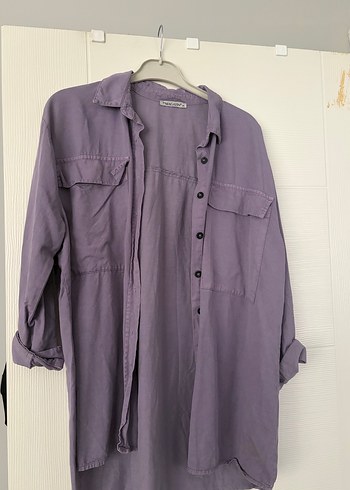 Düğmeli Mor Uzun Kollu Kadın Keten Gömlek - Görsel 2