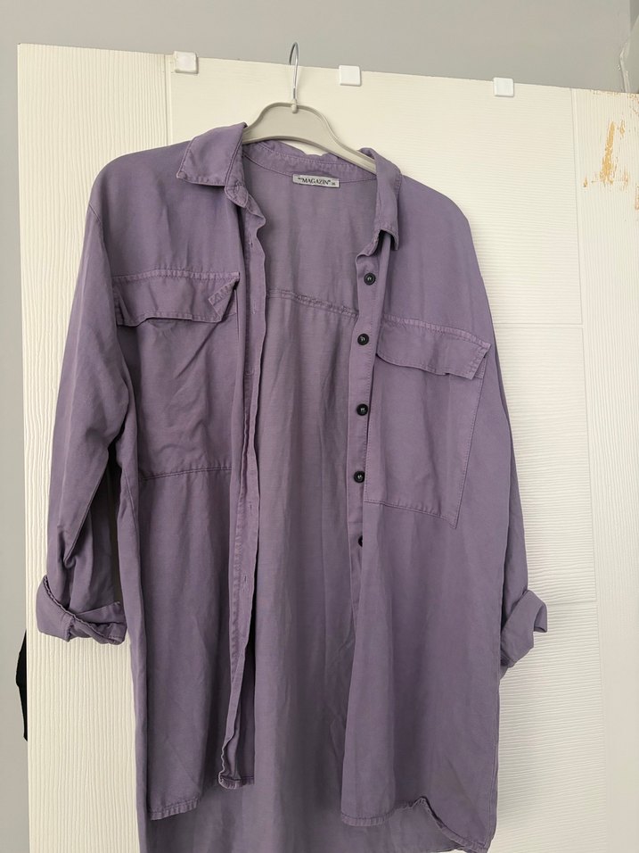 Düğmeli Mor Uzun Kollu Kadın Keten Gömlek - Görsel 2