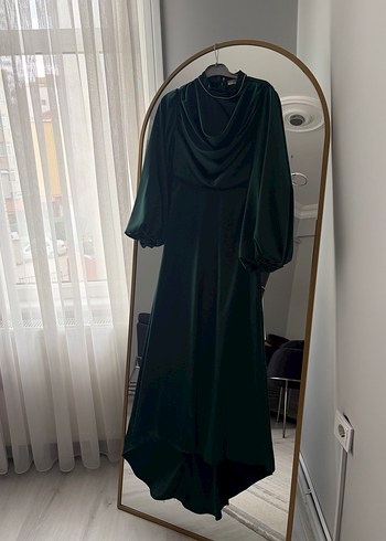 Uzun Kollu Yeşil Drapeli Kadın Elbise - Görsel 2