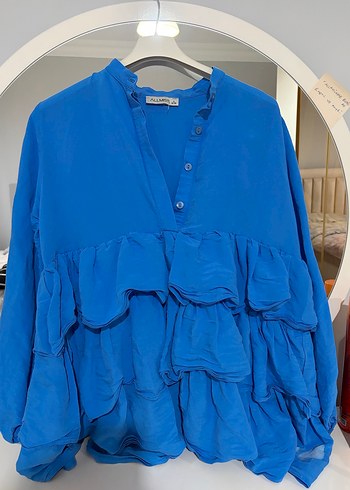 Mavi Fırfırlı Kadın Keten Bluz - Görsel 2