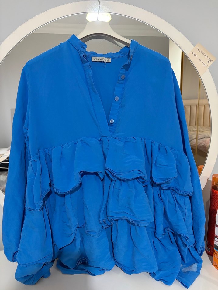 Mavi Fırfırlı Kadın Keten Bluz - Görsel 2