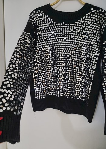 Kadın Siyah Pul İşlemeli Örgü Kazak - Görsel 2